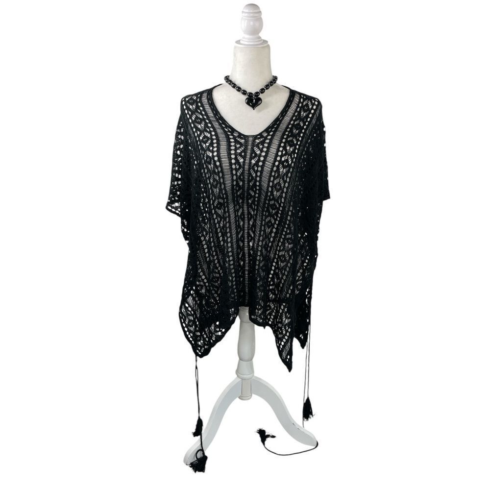 Black Crochet Swim Cover-Up Tunic Black size Medium